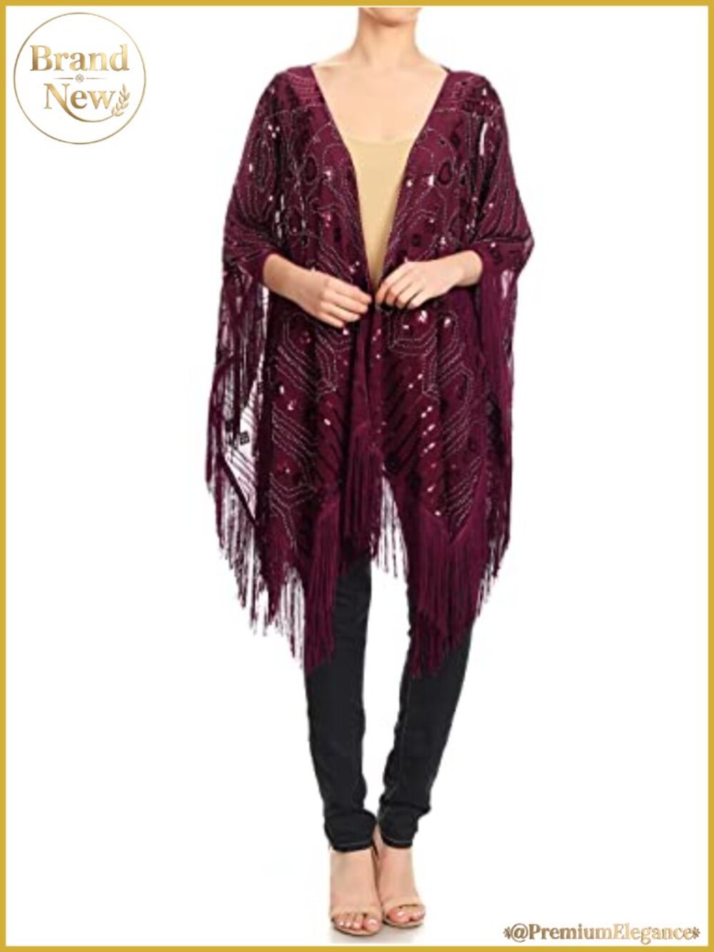 Oversized Hand Beaded Fringed Sequin Evening Shawl Wrap